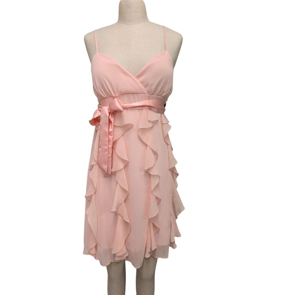Vintage Wishes Pink Ruffled Chiffon Spaghetti Strap Dress With Satin Waist Tie H